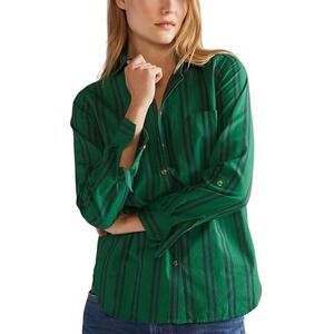New Maeve Anthro Green Cotton Vertical Stripe Button Down Shirt Tab Sleeve Sze 6